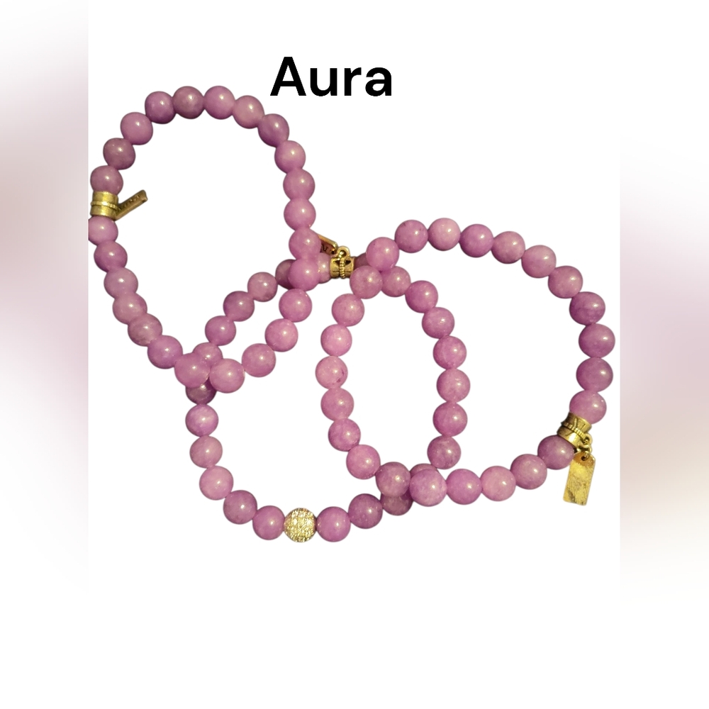 NWT Aura Natural Amathyst Beaded Bracelet Trio With Rhinestone Accent On One
